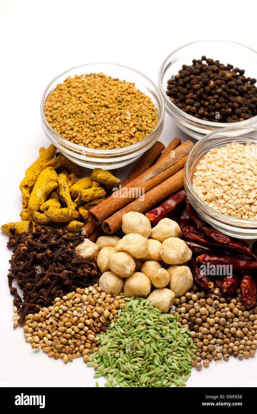 Spice, Curcuma, Chili, Cinnamon, Chickpea, Clove, Fennel, White Peppercorn, Coriander, Mung beans, Black Peppercorn Stock Photo