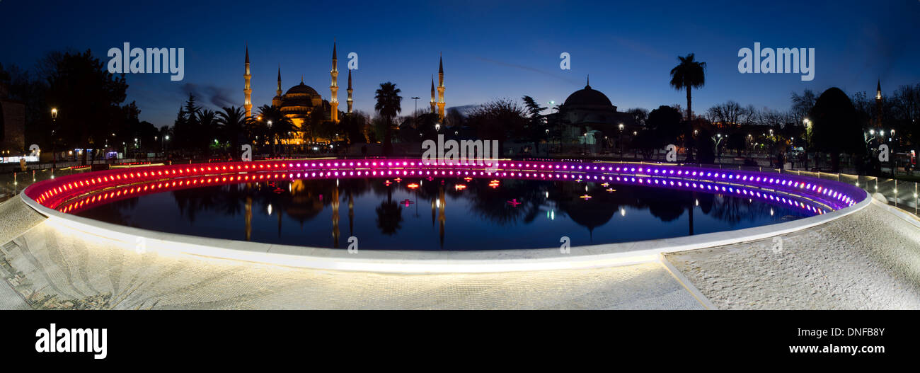 panoramic view of a colour fountain and blue mosque in sultanahmet park ...