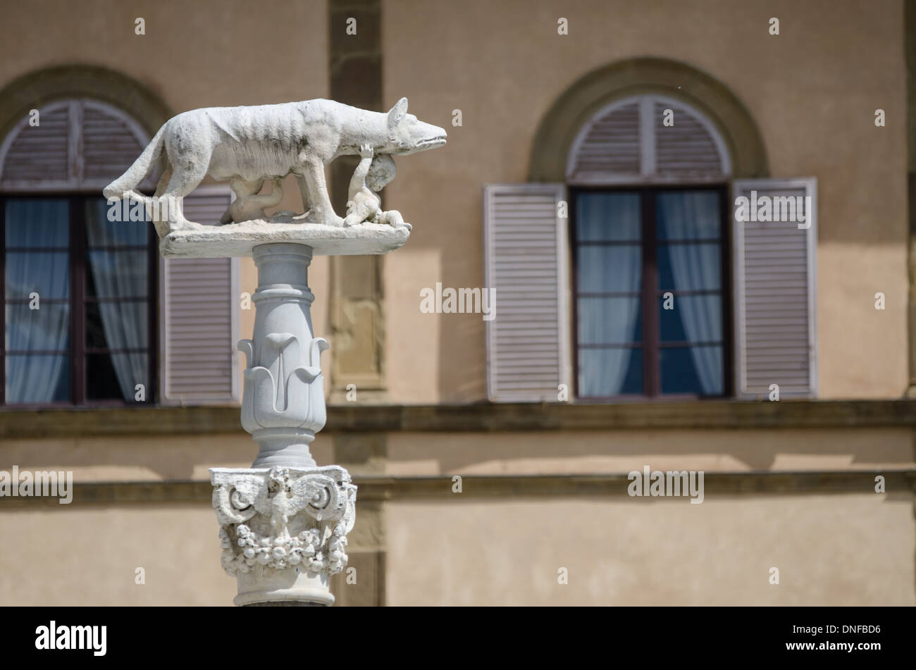 a view of a sculpture of she-wolf feeding romul and remus in siena of tuscany in italy Stock Photo