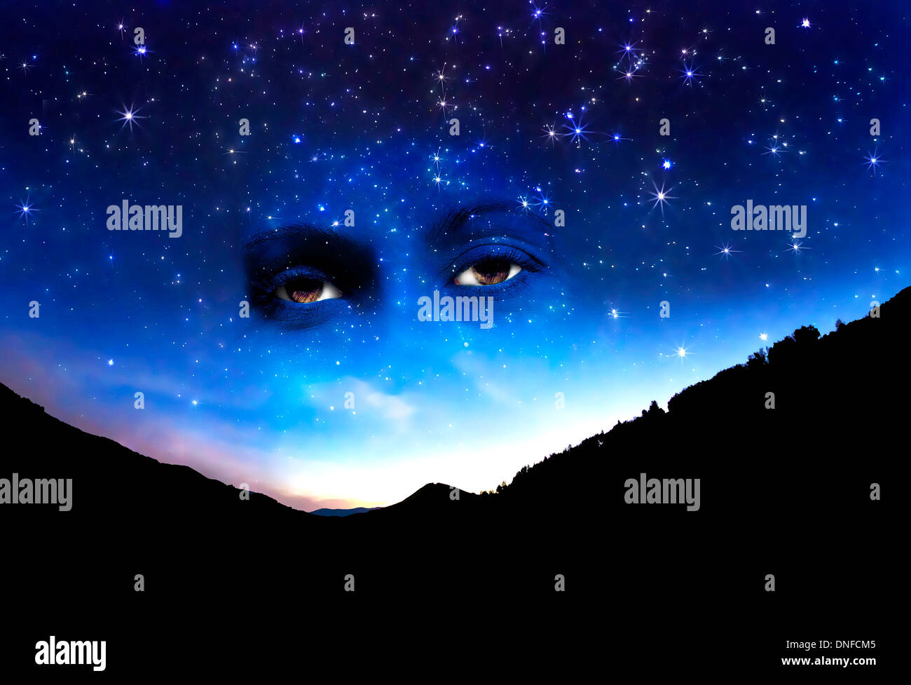Starry sky and a view of a brown female eye. Stock Photo