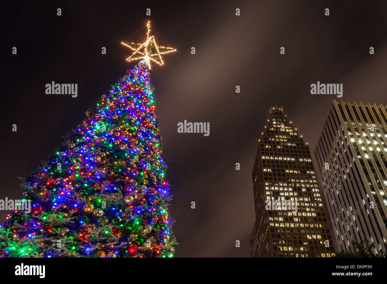 Christmas tree lights in downtown Houston, Texas, at night Stock Photo