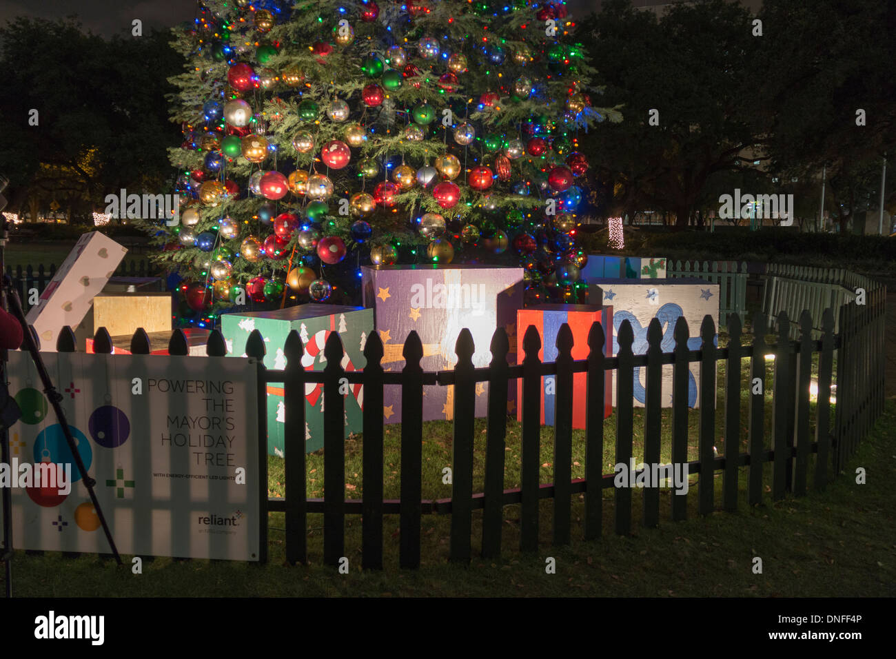 Christmas tree lights display in downtown Houston at night Stock Photo