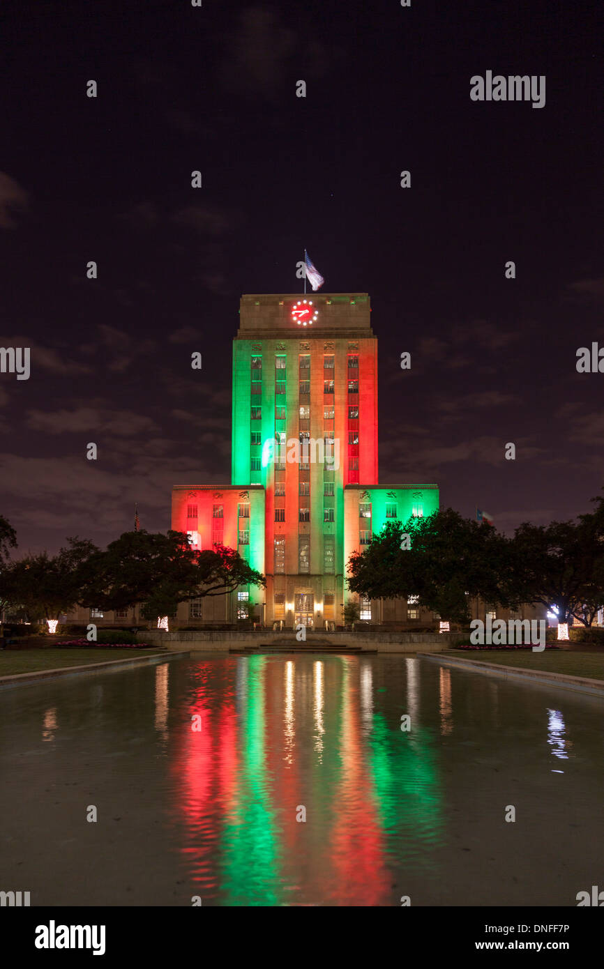 Houston, Texas, City Hall with rainbow of colored lights repeating varying patterns Stock Photo