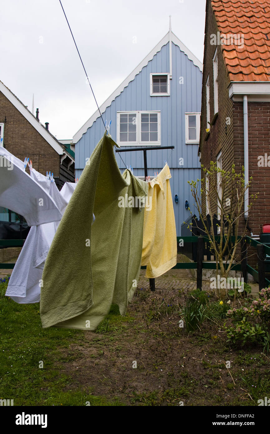 Clothesline in Marken, a fishing village in North Holland, The Netherlands. Stock Photo