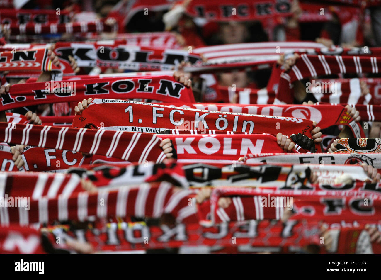 Supporters of German Football Bundesliga Club FC Köln (Cologne) present their scarves Stock Photo