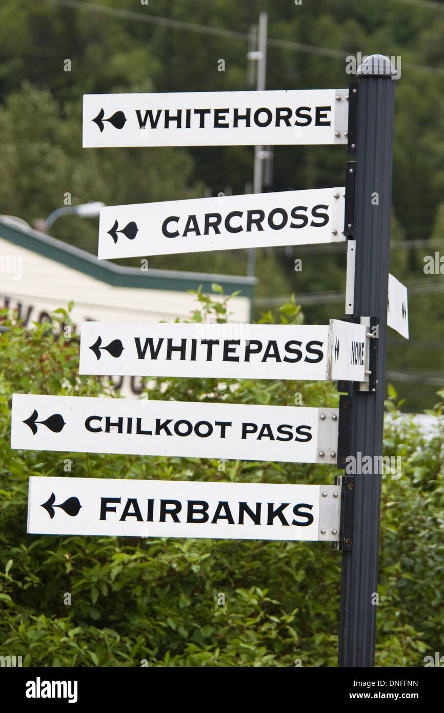 Sign at Railroad Station for White Pass and Yukon Route, in Skagway, Alaska, on the Alaska inside passage. Stock Photo