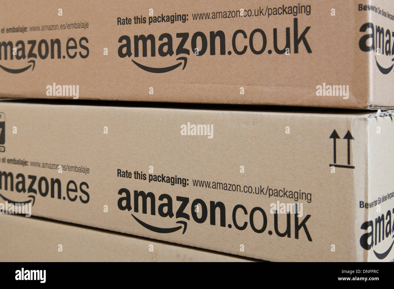 Amazon Boxes with logo and web adresse Stock Photo