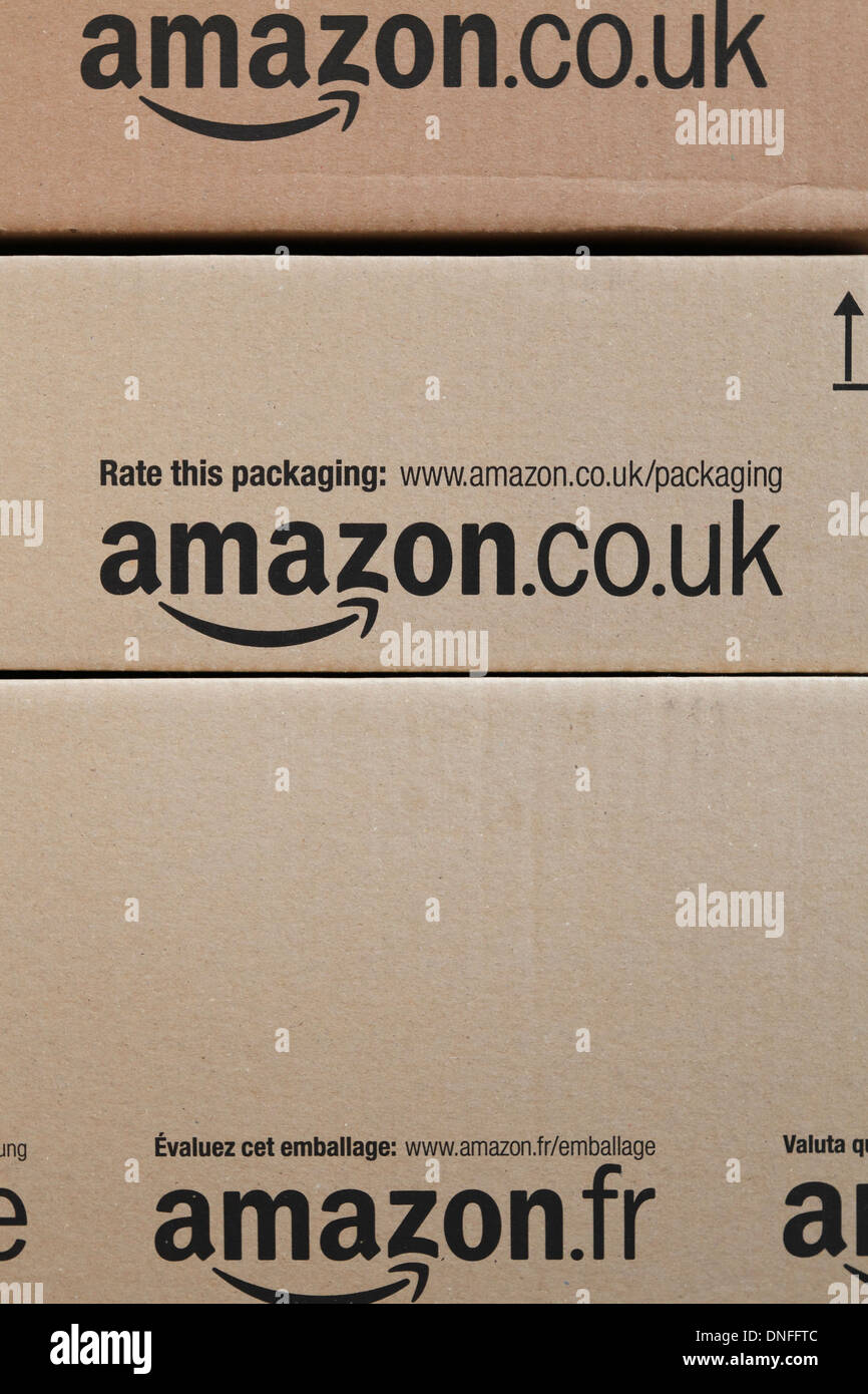 Amazon Boxes with logo and web adresse Stock Photo