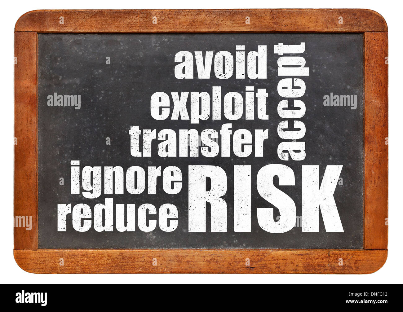 risk management strategies - ignore, accept, avoid, reduce, transfer and exploit - word cloud on a vintage slate blackboard Stock Photo
