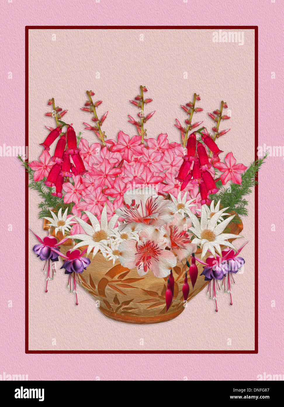 Unique floral art with pink plumbago flowers, white daisies, purple fuchsias, and alstroemerias in decorative terracotta pot on pale pink background Stock Photo