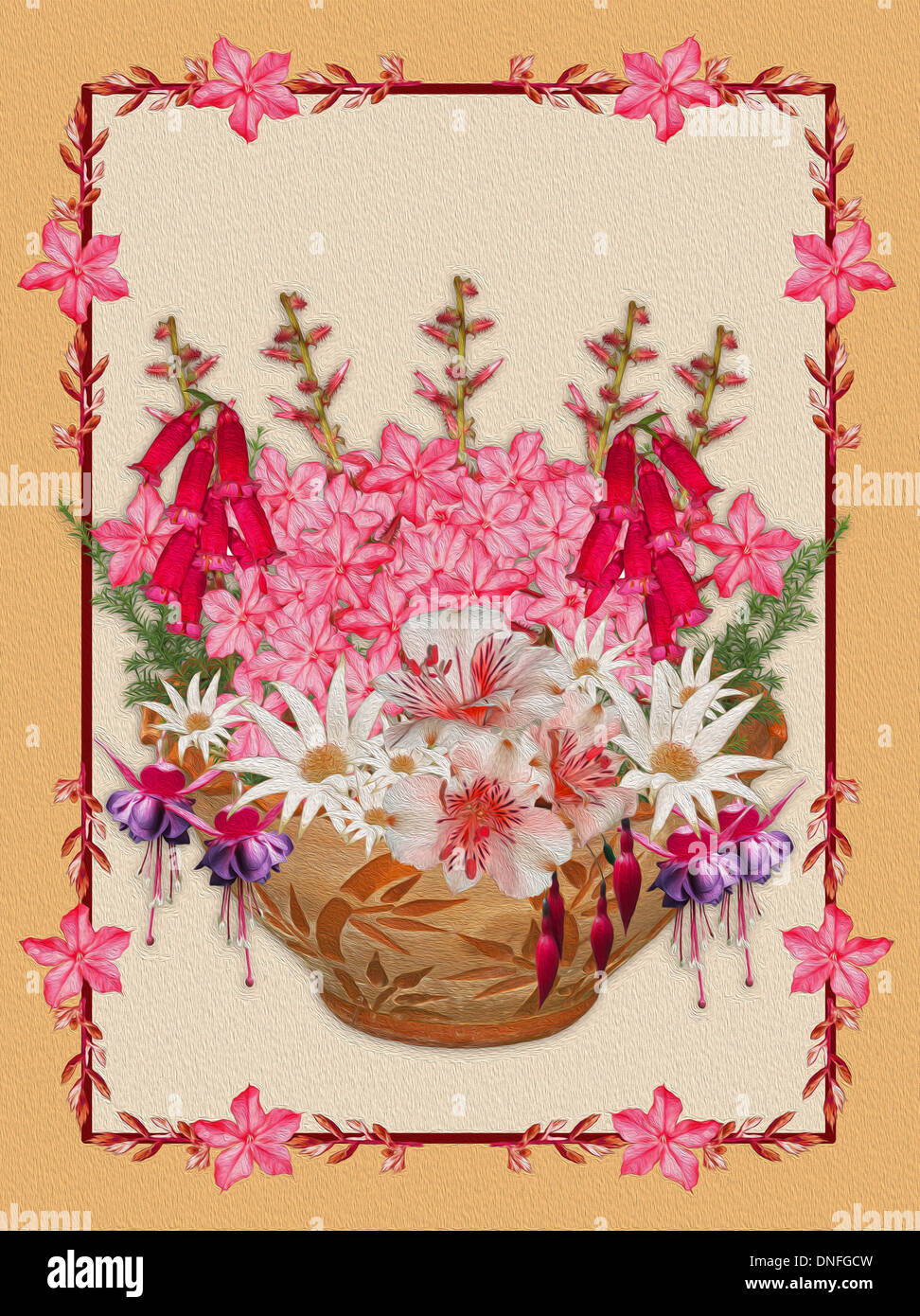 Unique floral art with pink plumbago flowers, white daisies, purple fuchsias, and alstroemerias in decorative terracotta pot, pale apricot background Stock Photo