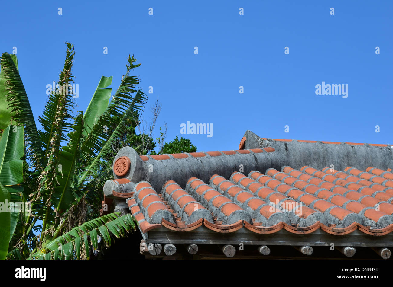 Old traditional tiled roof at the island Okinawa in Japan Stock Photo