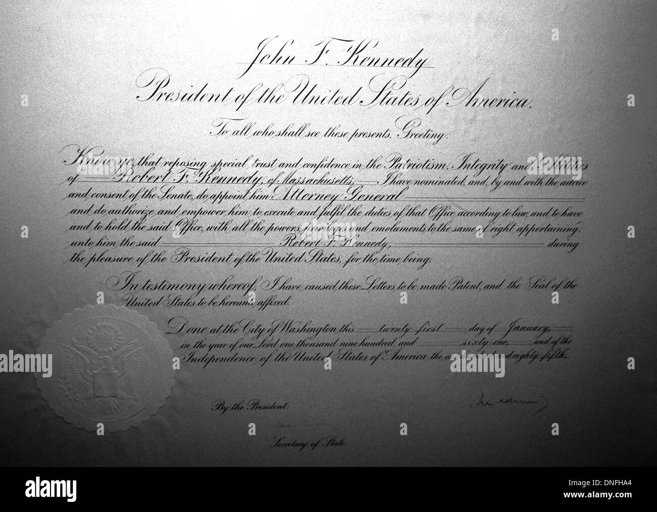 JFK,  John F. Kennedy President of United States of America certificate, John F. Kennedy, President, Stock Photo