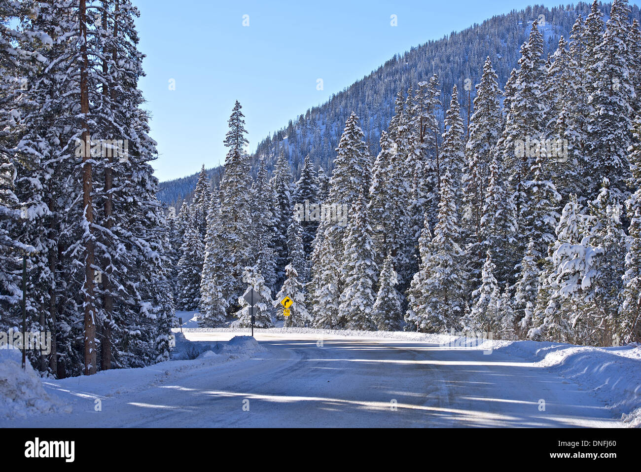 Mountain Road in Winter in Colorado, United States. Stock Photo