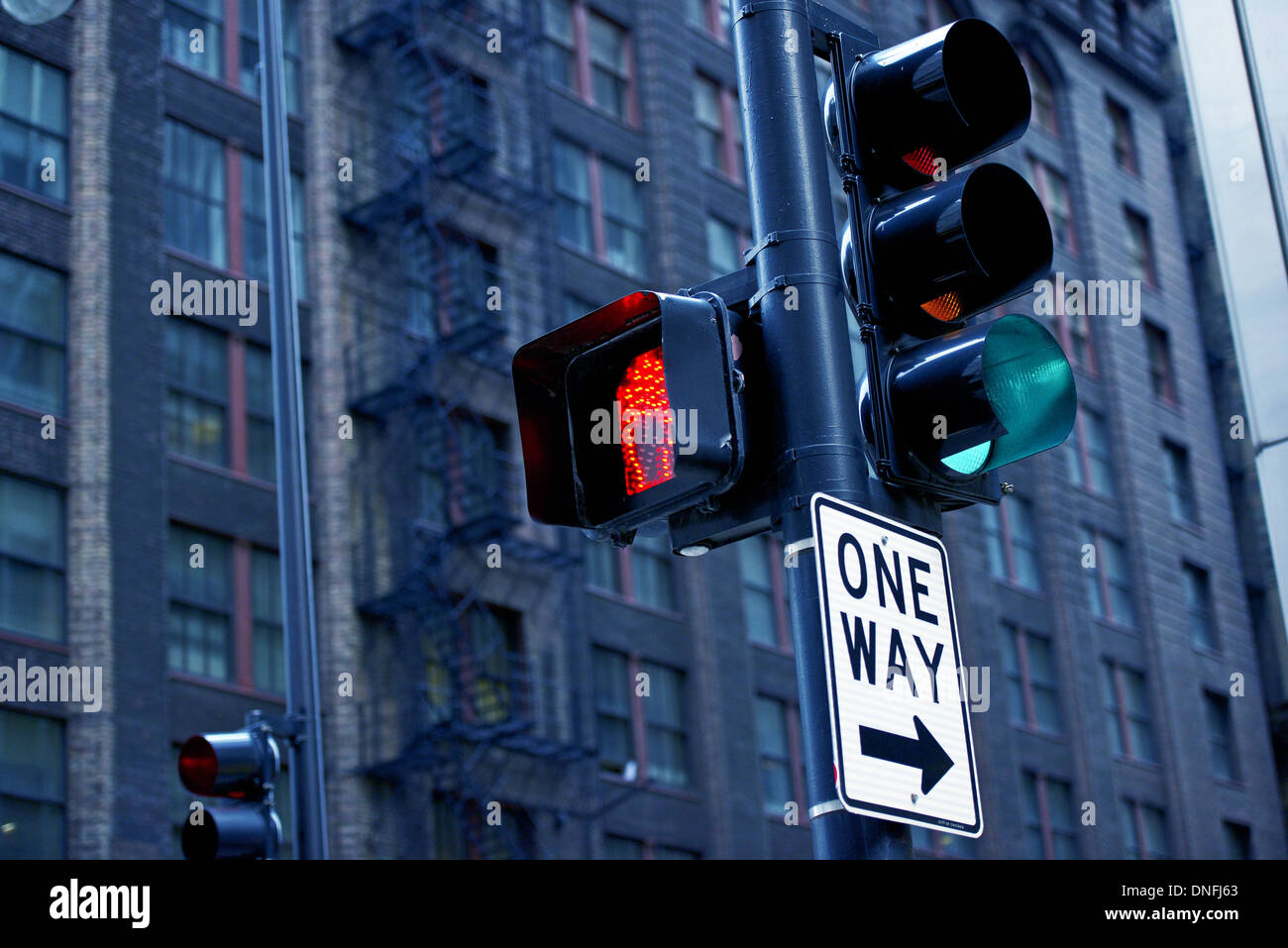 City Traffic Lights. American City Traffic Lights and One Way Street Sign. Stock Photo