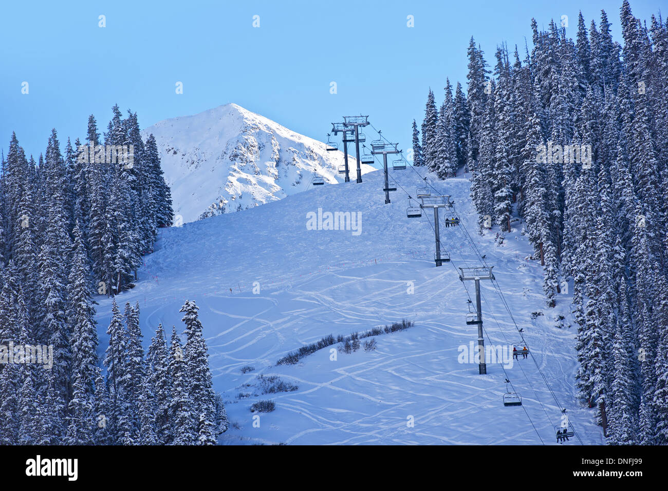 Ski Slopes and Ski Lift in Colorado. Winter Ski Theme. Winter Landscape Stock Photo