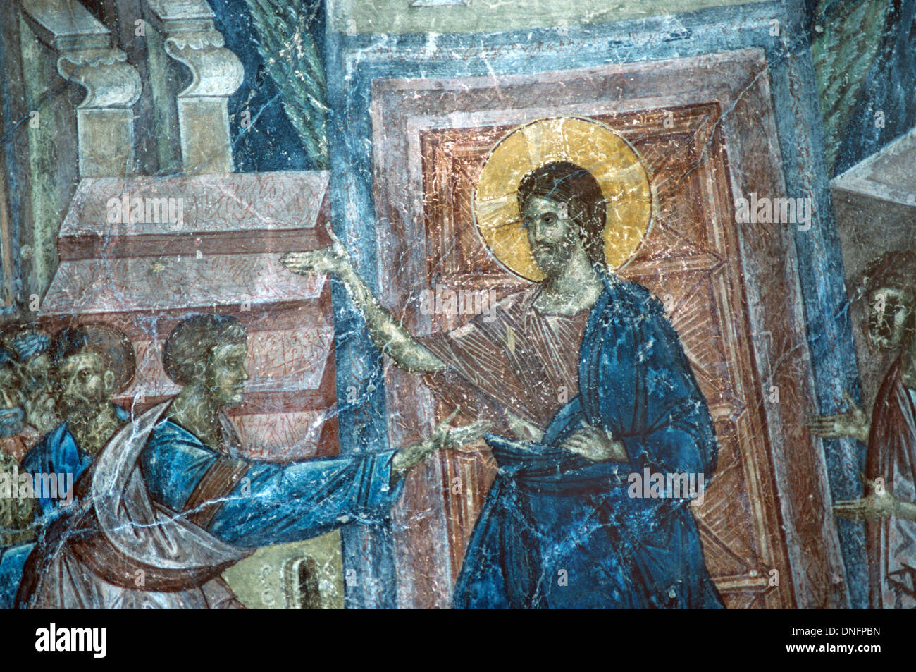The Incredulity of Thomas or Doubting Thomas & Christ c14th Byzantine Fresco Peribleptos Monastery Church Mystras or Mistras Greece Stock Photo
