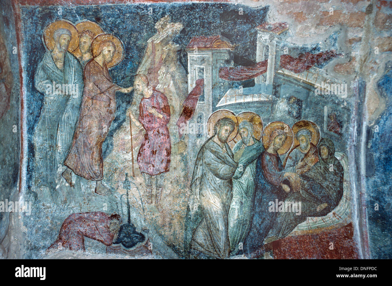 Miracles Healing Blind Man & Raising Peter's Mother-in-Law c14th Byzantine Fresco Hodegetria Church Brontochion Monastery Mystras, Mistra or Mistras Greece Stock Photo