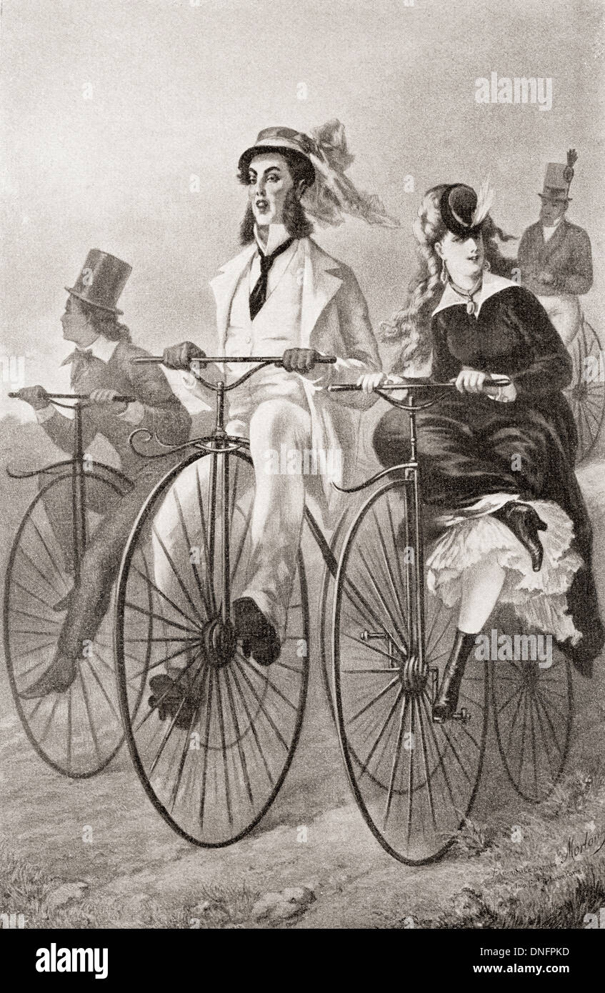 Two cyclists on Penny Farthing bicycles in the 19th century. Stock Photo