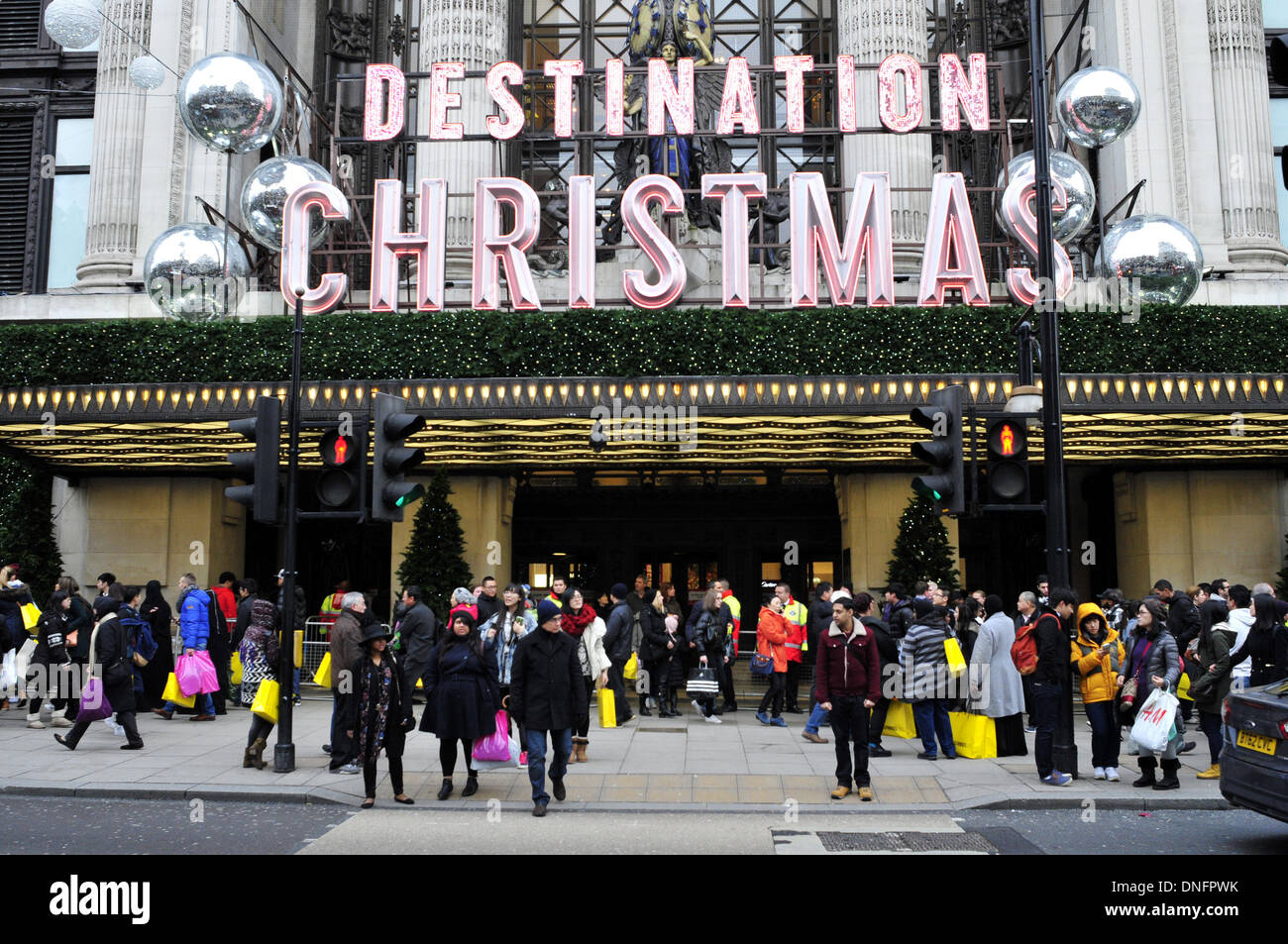 Shoppers outside on Boxing day outside Selfridges in Oxford street