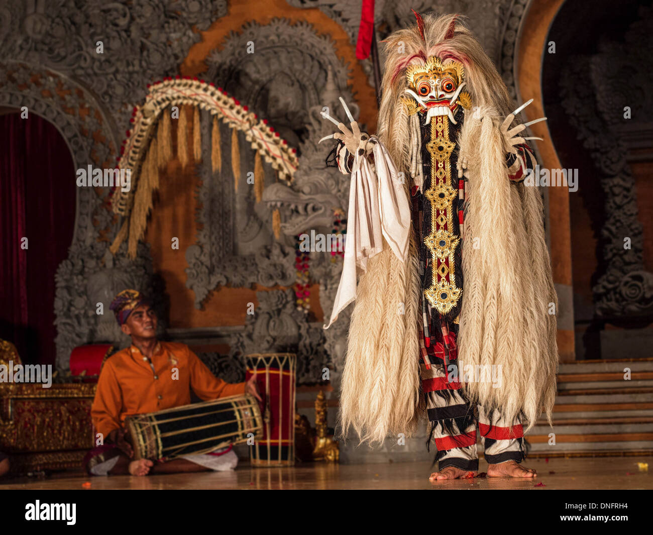 Representation of Rangda on stage in traditional Balinese Barong Dance performance in Ubud, Bali, Indonesia. Stock Photo
