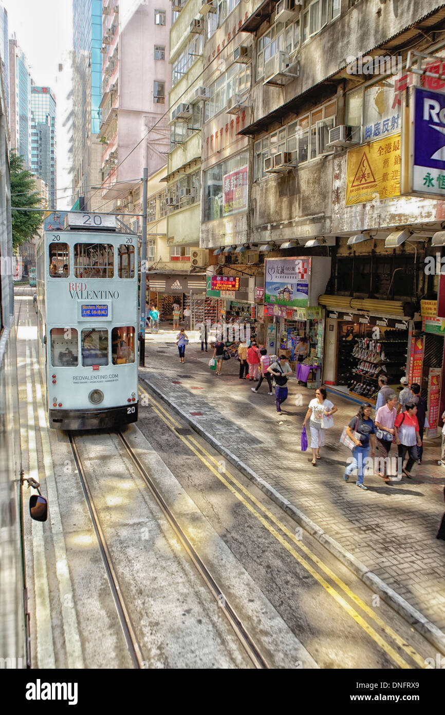 Tram on Hong Kong street, China Stock Photo