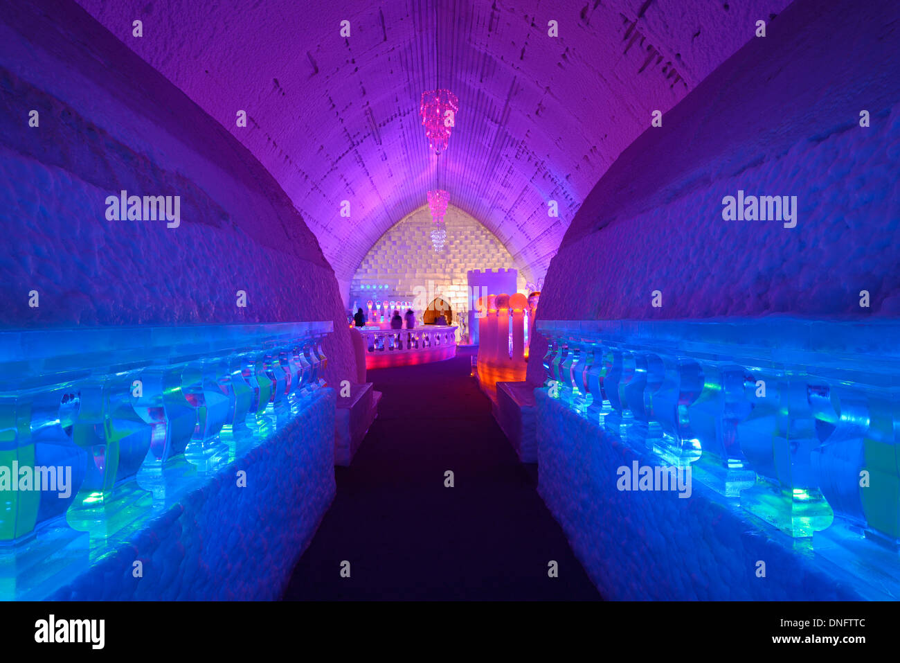 Blue bedrooms with red Chapel and ice bar at the Aurora Ice Museum Chena Hot Springs Alaska USA Stock Photo