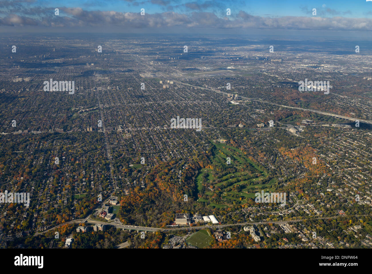 Aerial view of Toronto Canada west from Bayview Avenue Rosedale Golf Club and Highway 401 Stock Photo
