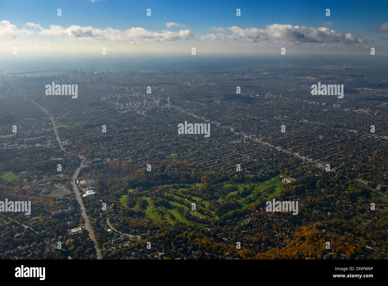 Aerial view of downtown Toronto Canada from Bayview Avenue Rosedale Golf Club and Yonge Street Stock Photo