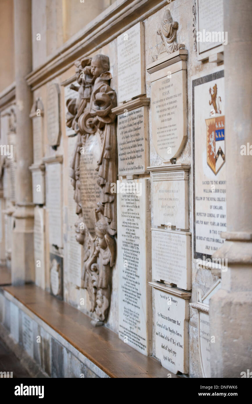 Bath Abbey interior wall inscriptions dedications plaques memorials Stock Photo