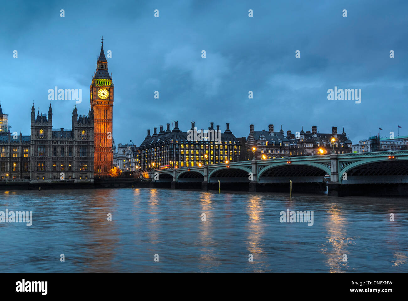 Big Ben and Houses of Parliament at dusk, Westminster, London. Stock Photo