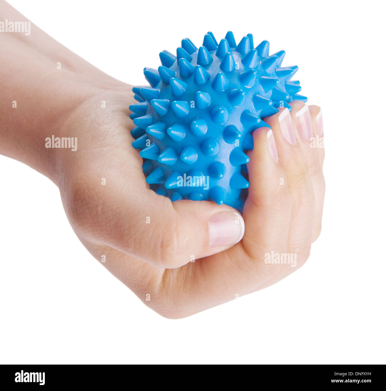 Woman's hand with Spiny plastic blue massage ball isolated on white Stock Photo