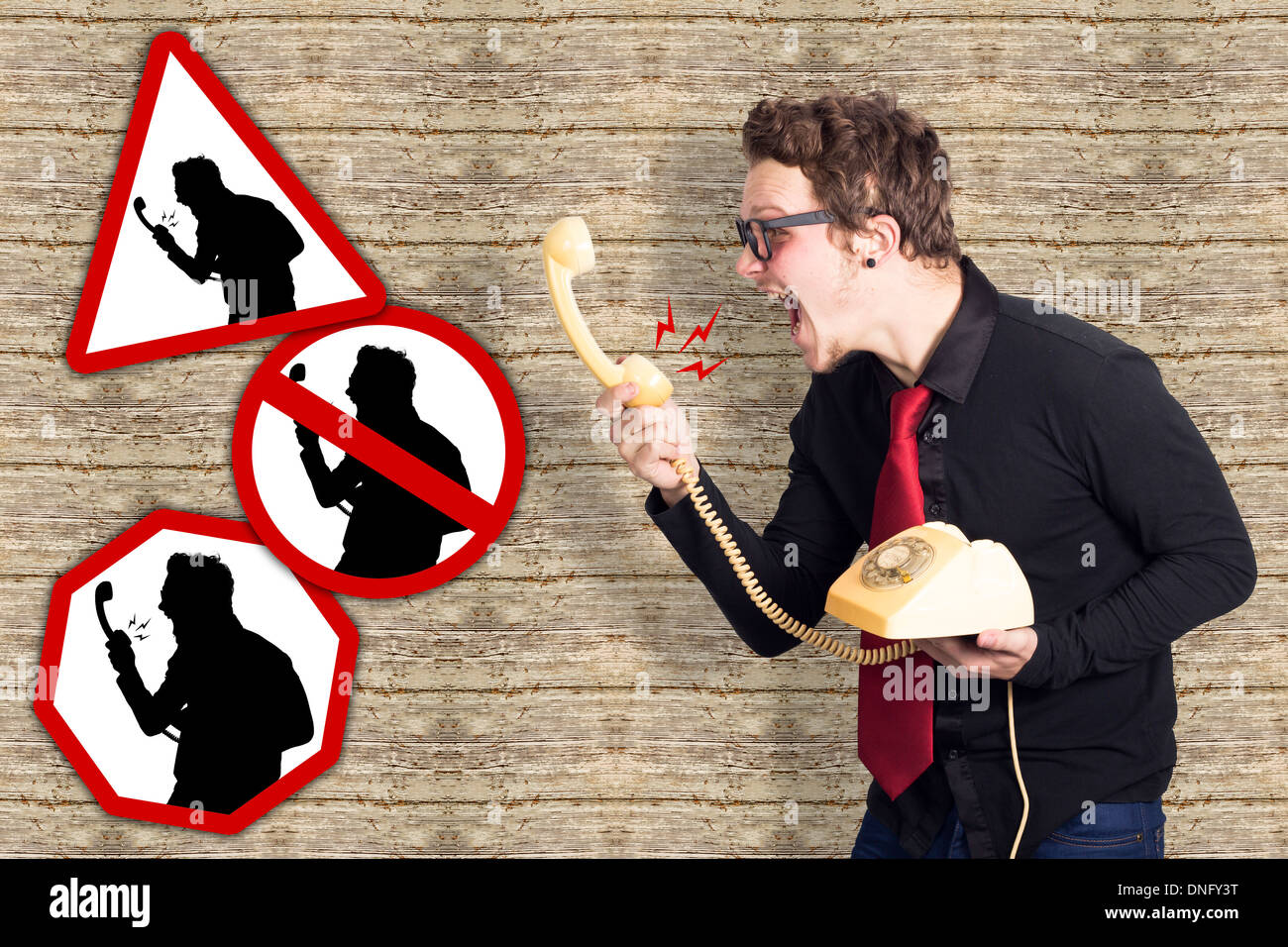Business man crying at phone on prohibited place Stock Photo