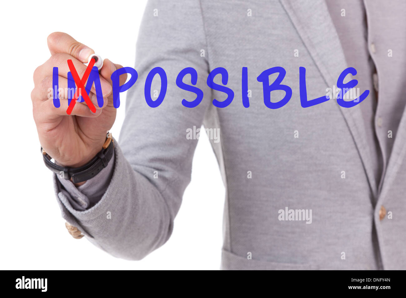 Young african american man writing possible on screen, over white background Stock Photo