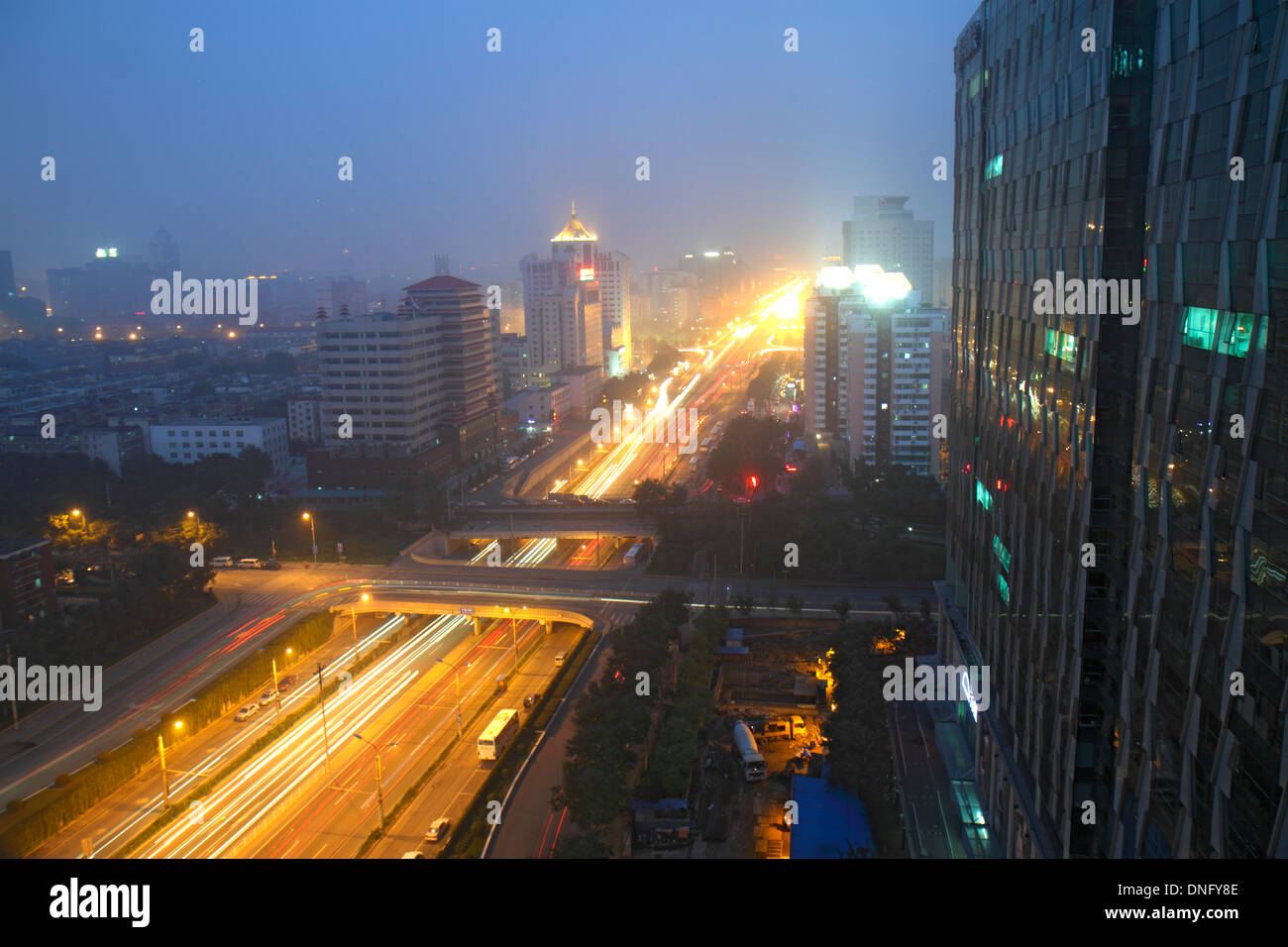 Beijing China,Chinese,Xicheng District,Guang An Men Nei Da Jie,Guanganmen Outer Street,night,aerial overhead view from above,traffic,buildings,China13 Stock Photo