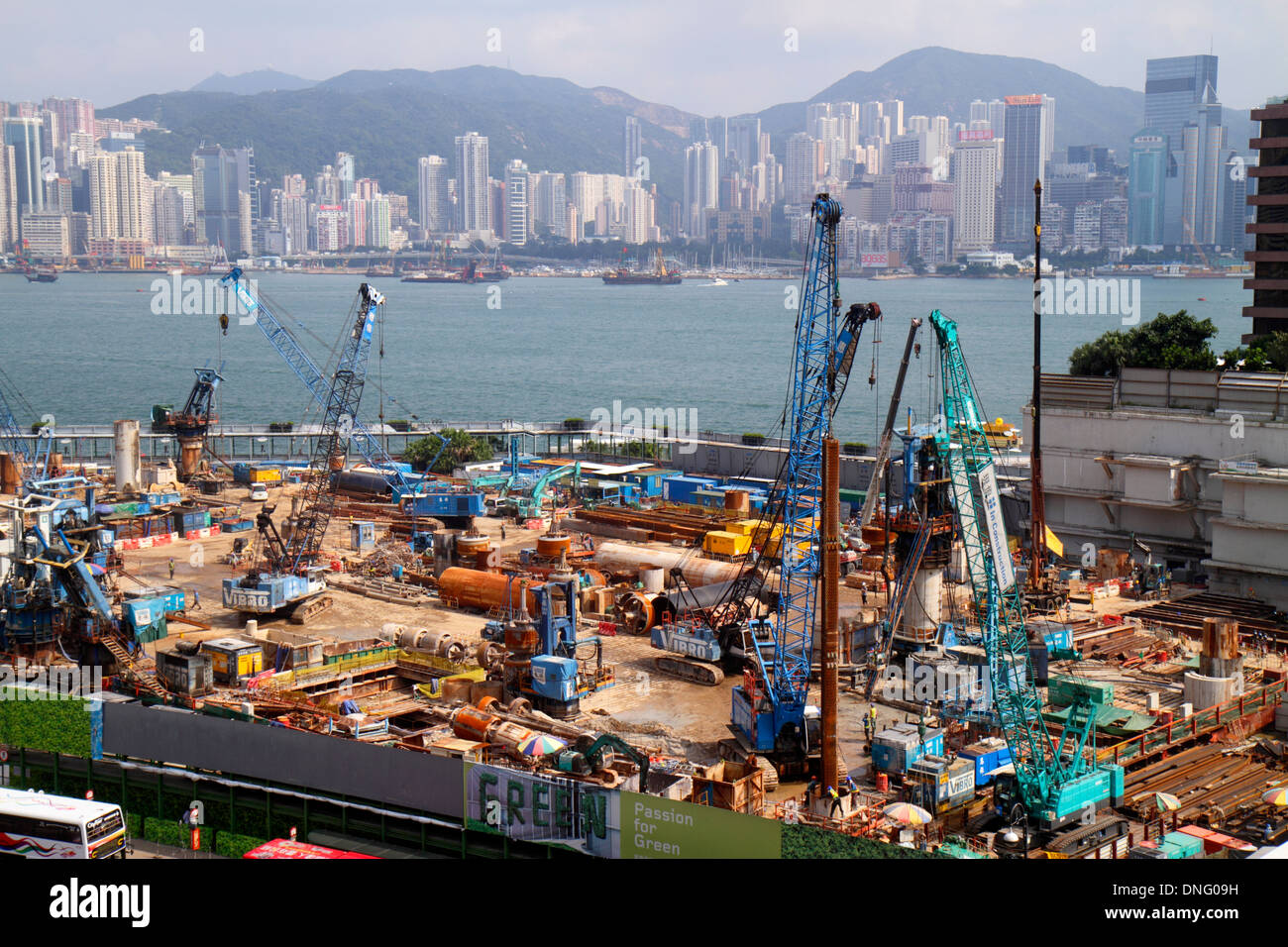 Hong Kong China,HK,Asia,Chinese,Oriental,Kowloon,Tsim Sha Tsui,New World Centre,center,construction site,cranes,Victoria Harbour,harbor,Island,city sk Stock Photo