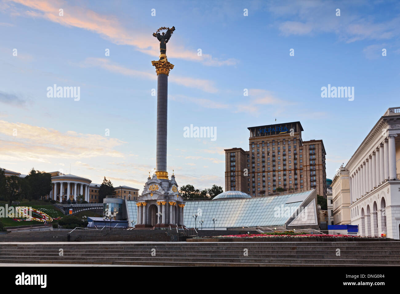 ukraine capital city the main INdependence square maidan with tall stella column topped female statue Stock Photo