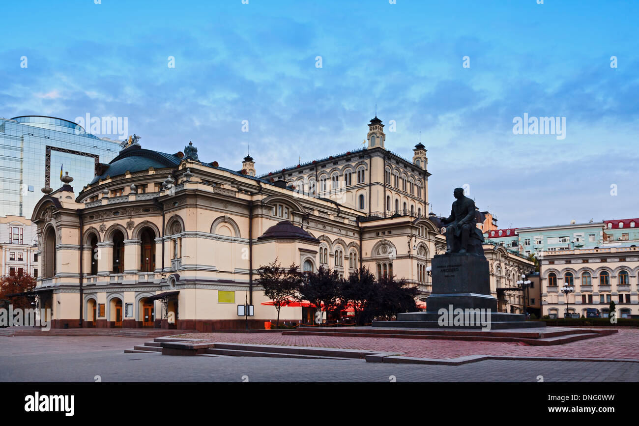 Ukraine capital city Kiev opera and ballet house at sunrise side view with statue of ukrainian composer Stock Photo