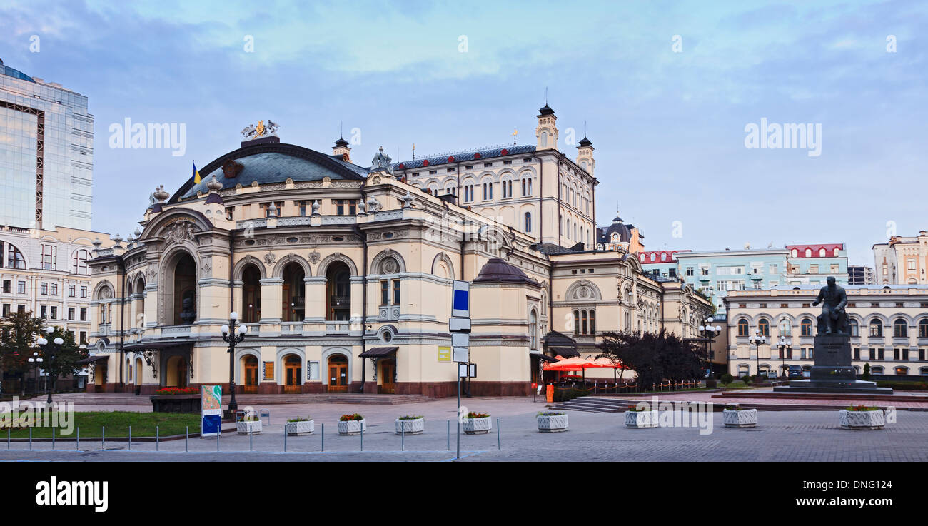 ukraine kiev capital city opera house of ballet and theater facade panoramic view at square with composer statue and main entran Stock Photo