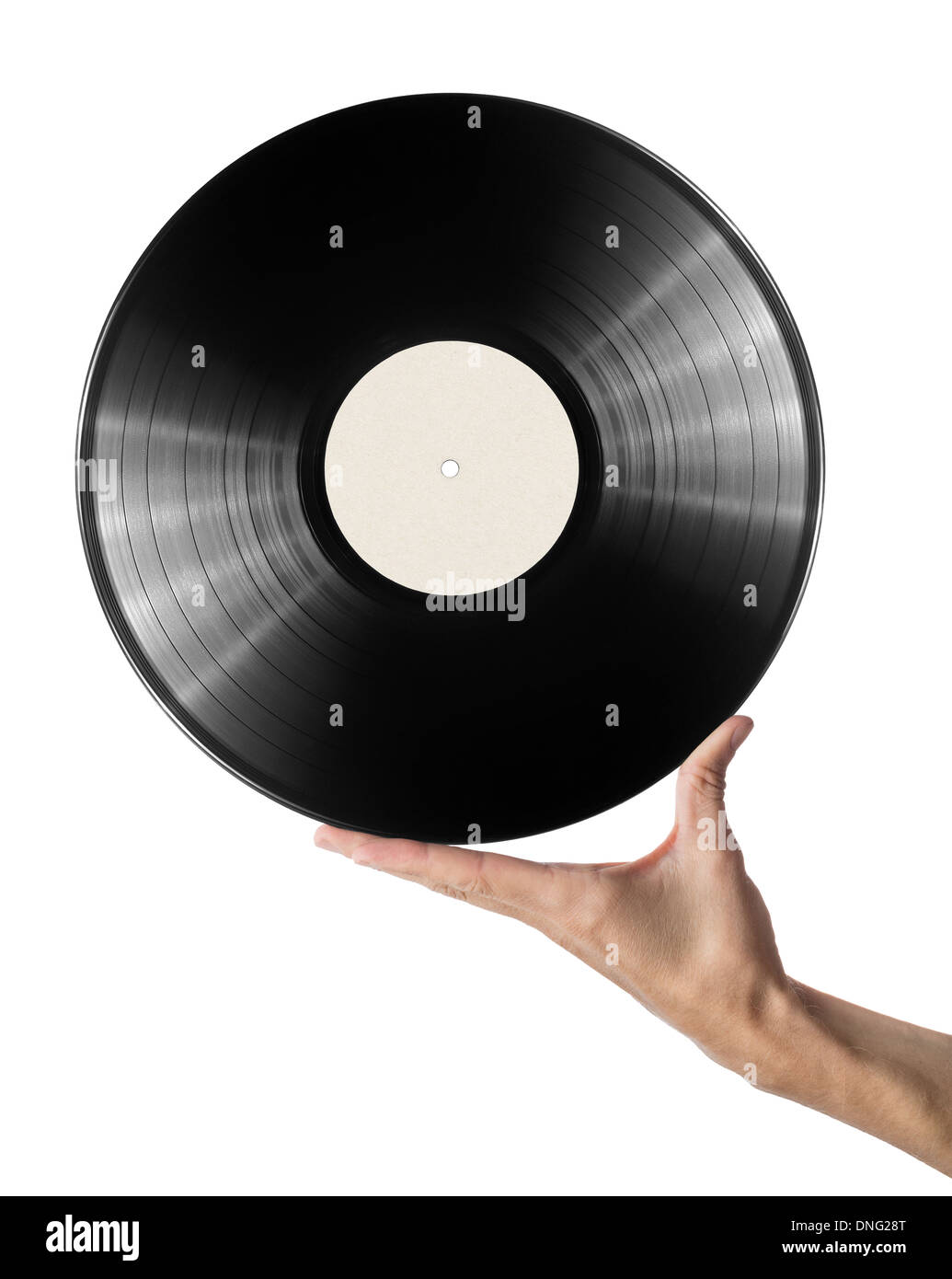 Man's hand serves vinyl record. Stock Photo