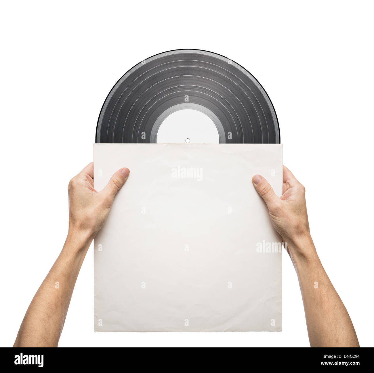 Hands holding vinyl record in a paper case Stock Photo
