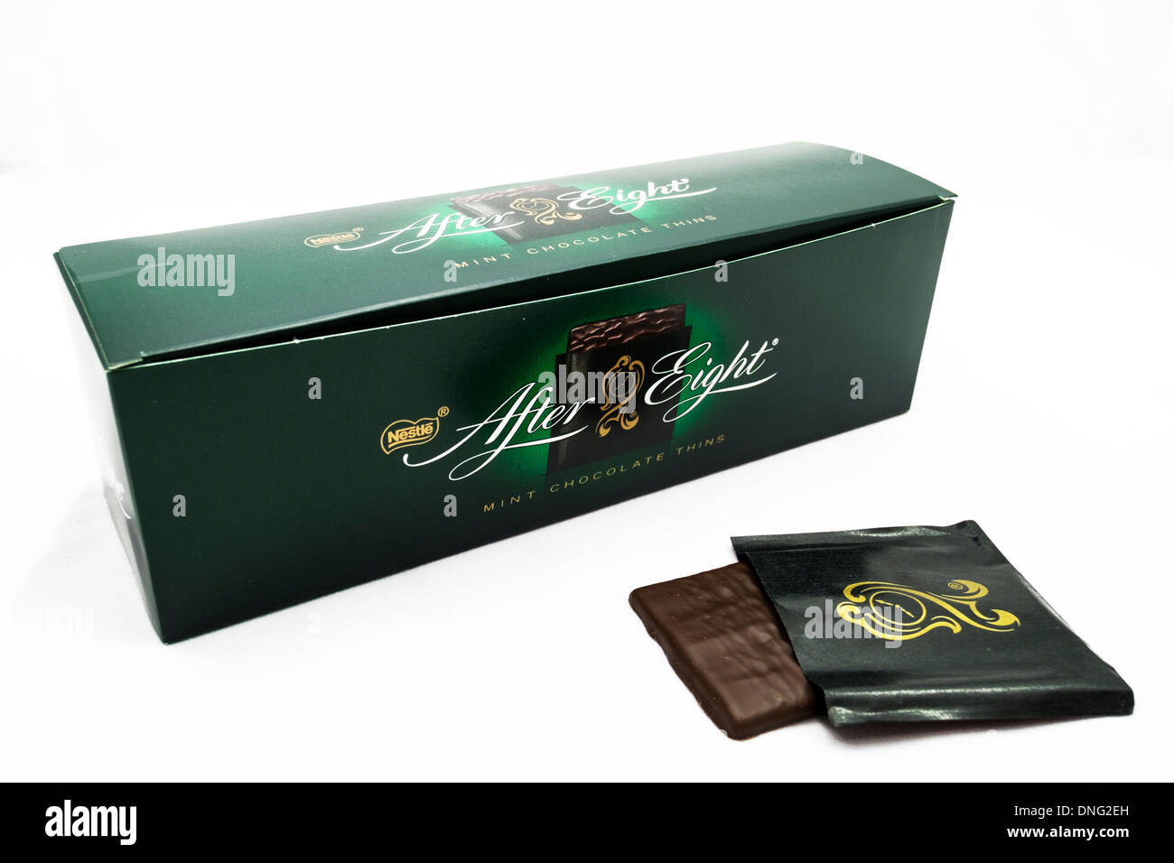 after eight mints box and wafer thins chocolate cut out white background copy space Stock Photo