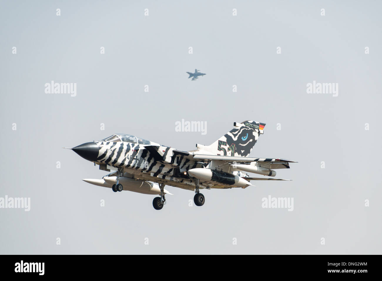 German Air Force Luftwaffe Panavia Tornado in special Arctic Tiger Paint Scheme arrives at the 2013 RIAT Stock Photo