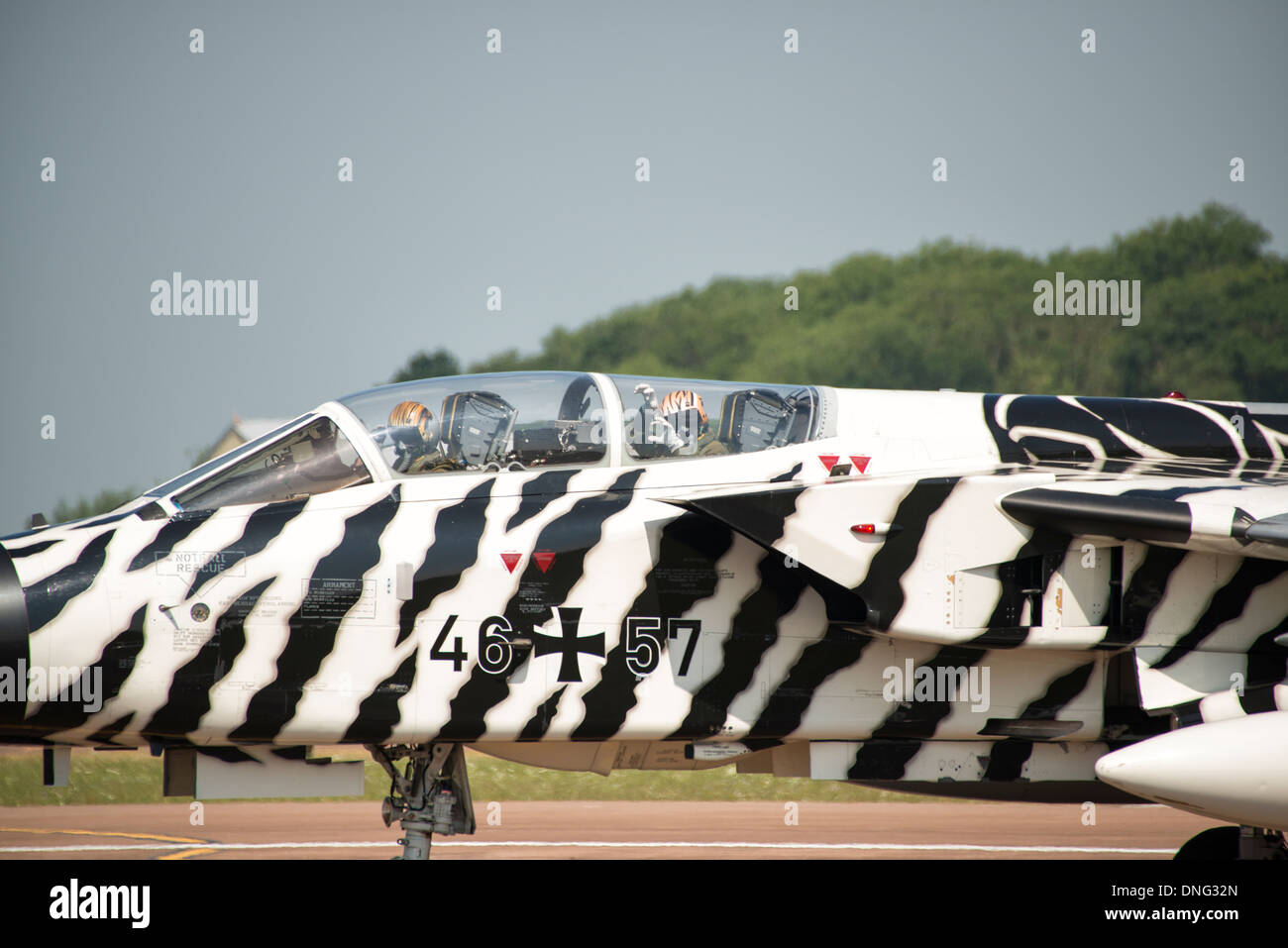 German Air Force Luftwaffe Panavia Tornado in special Arctic Tiger Paint Scheme taxis to its stand at the 2013 RIAT Stock Photo