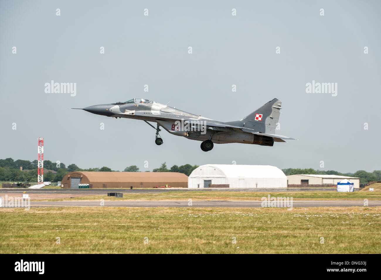 Mikoyan MiG-29 of the Polish Air Force Air Superiority Fighter Jet lands at RAF Fairford to take part in the 2013 RIAT Stock Photo