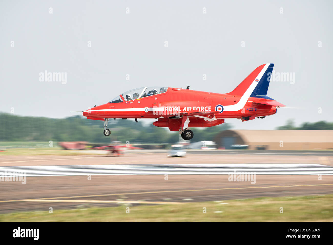 XX219 a BAE Hawk Mk 1A Trainer of The British Royal Air Force Military Aerobatic Display team, the Red Arrows lands at the RIAT Stock Photo