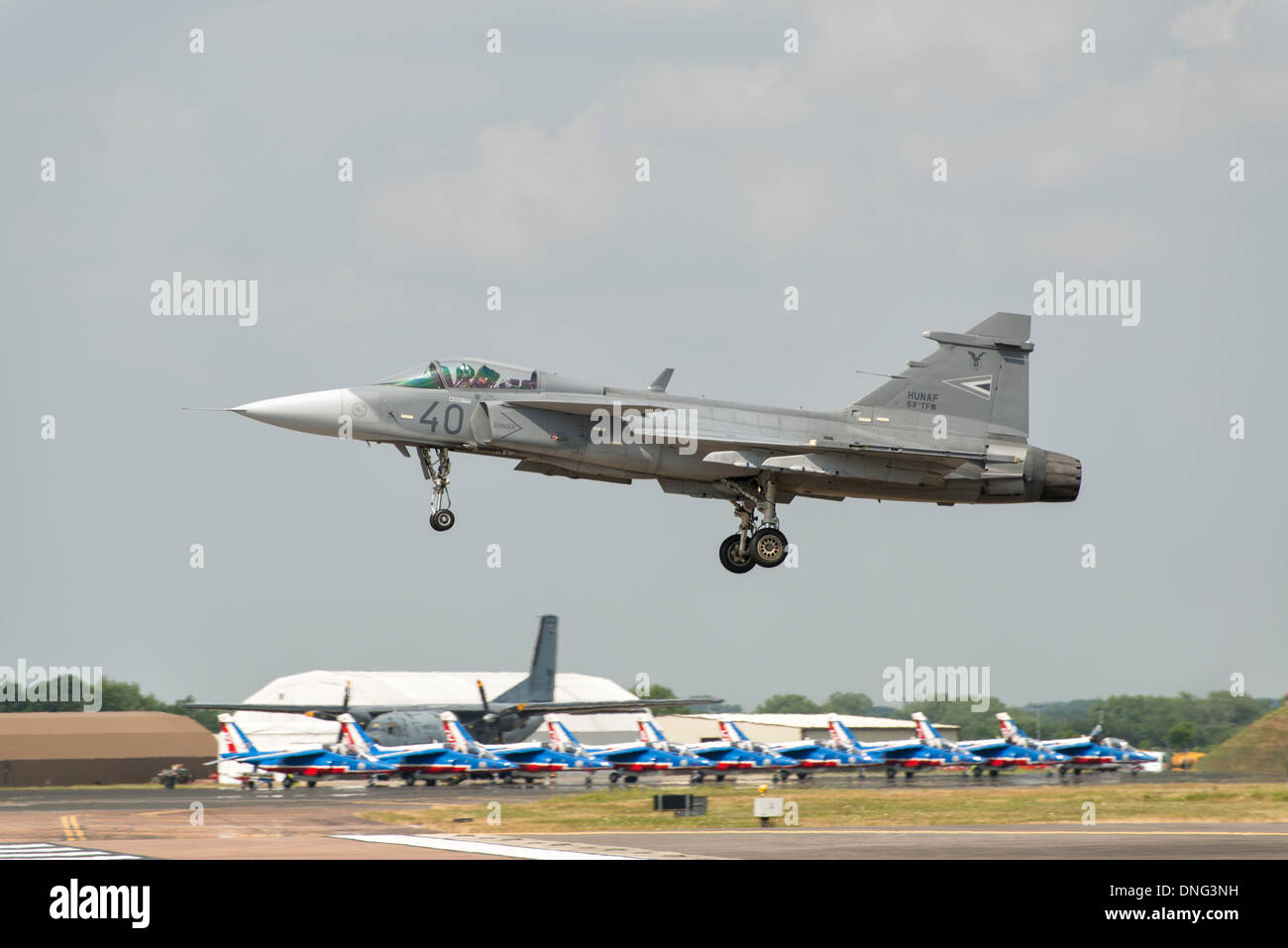 Saab JAS-39C Gripen Fighter Jet of the Hungarian Air Force 59th Wing arrives at Fairford to take part in the 2013 RIAT Stock Photo