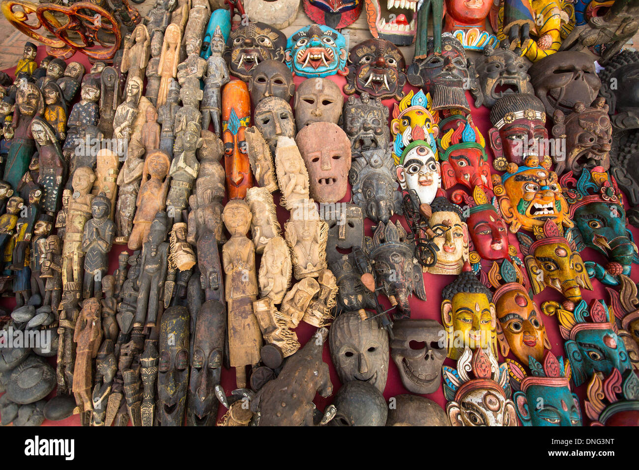 Masks, souvenirs, in street shop, Kathmandu, Nepal. Stock Photo