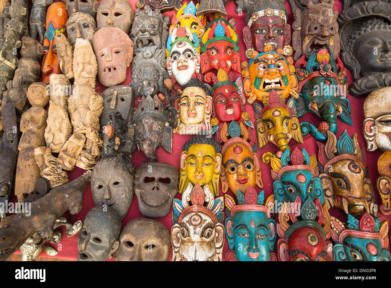 Indian God's Masks sell in street shop, Kathmandu, Nepal. Stock Photo