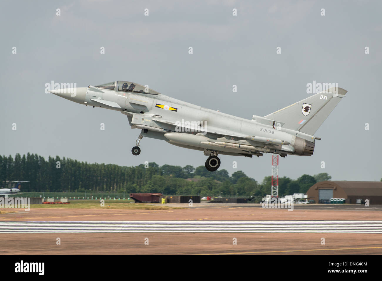 British Royal Air Force Eurofighter EF2000 Typhoon multi role fighter jet arrives at RAF Fairford to take part in the 2013 RIAT Stock Photo
